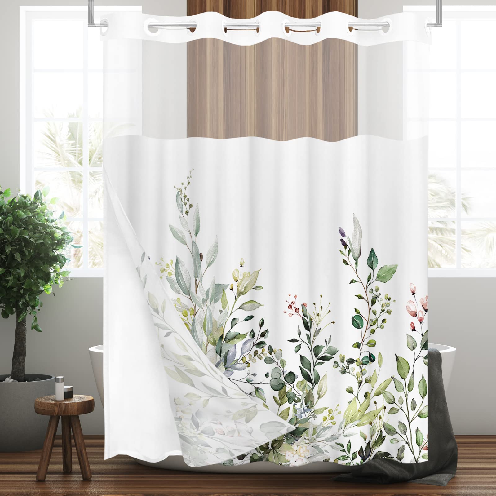 Tititex No Hooks Snap In Liner Green Eucalyptus Leaves Shower Curtain Sets, Hotel Luxury Double Layers Waterproof Fabric & See-T